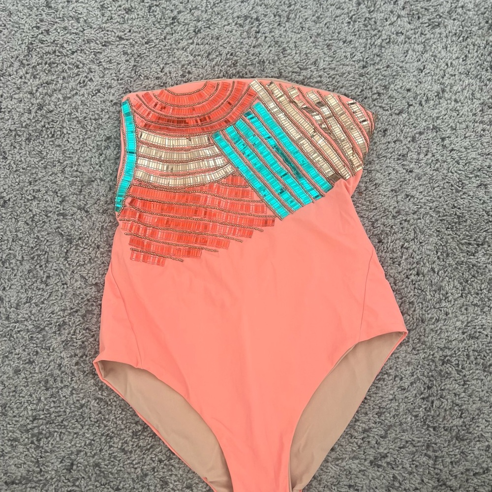 Beach Couture Coral and Tan one piece swimsuit
